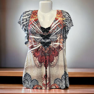 Emerald Live and Let Live Multicolor Butterfly Flutter Sleeve Blouse | Size S